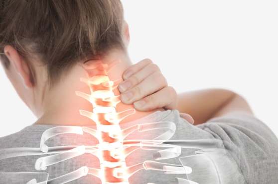 42517357 - digital composite of  highlighted spine of woman with neck pain